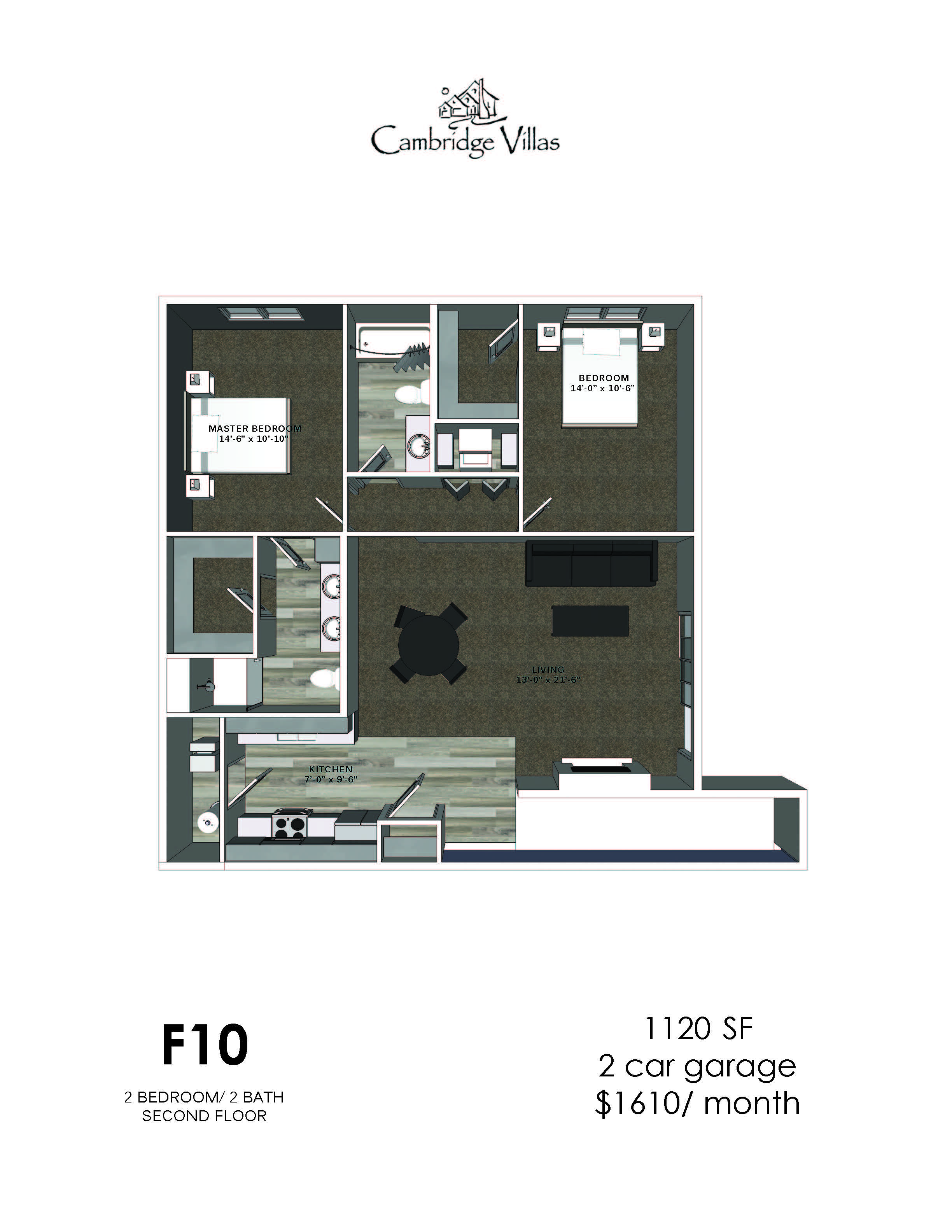 Floor plan for 2 beds, 2 baths, 1120 sqft
